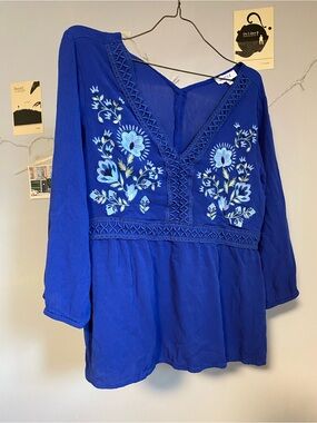Blue Embroidered V-Neck Women’s Top